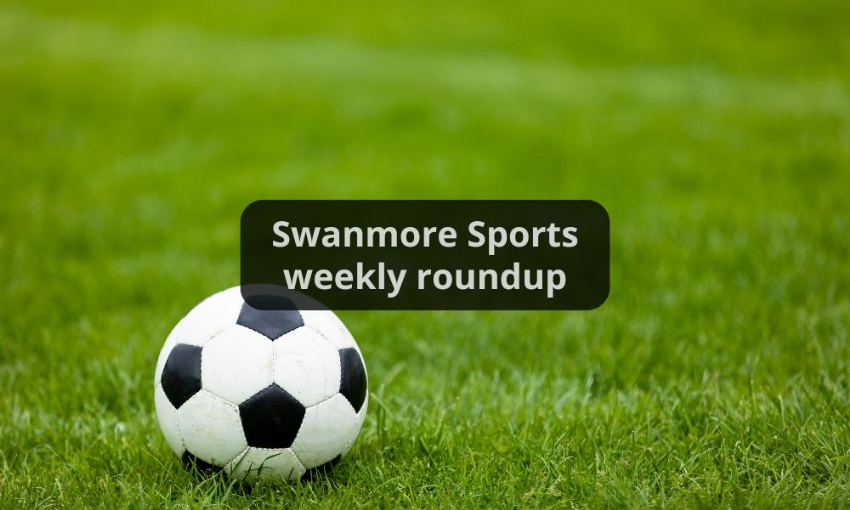 Image shows a football on grass with the words Swanmore Sports weekly roundup